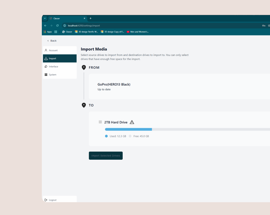 Classer Home connected to an external hard drive